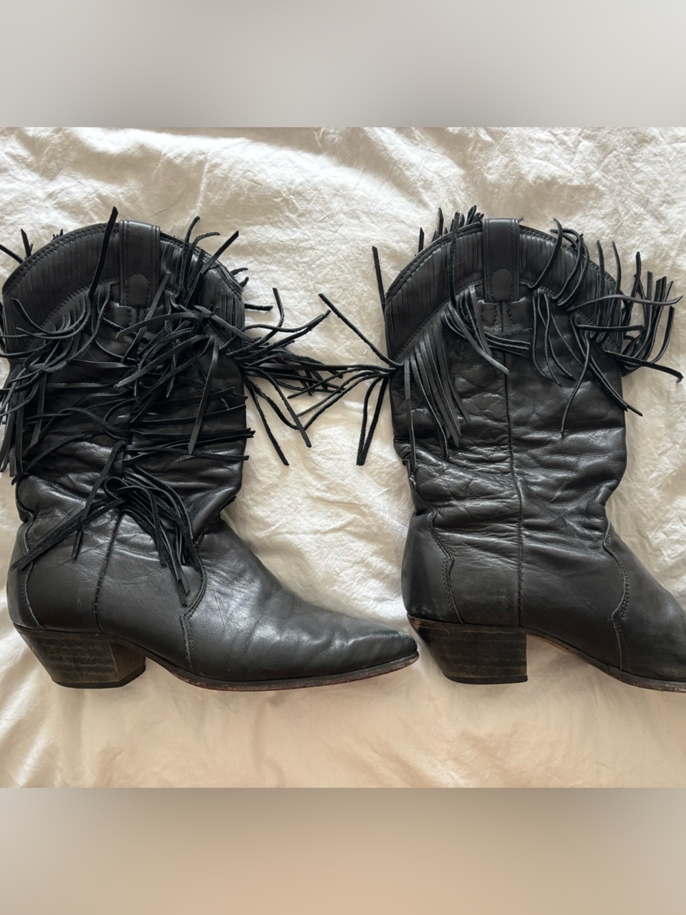 LEATHER BLACK FRINGE COWBOY BOOTS